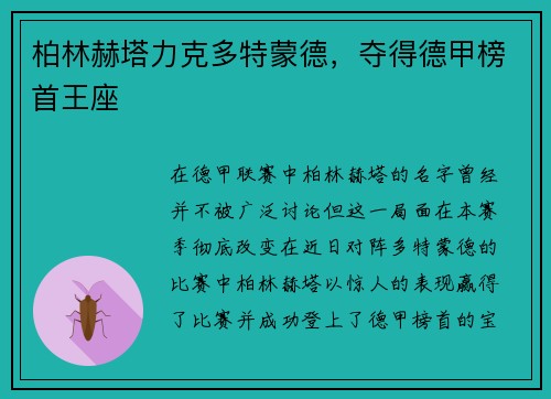 柏林赫塔力克多特蒙德，夺得德甲榜首王座