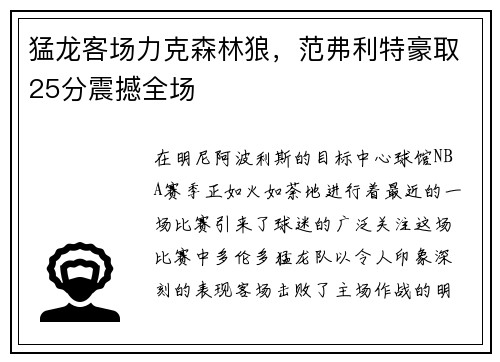 猛龙客场力克森林狼，范弗利特豪取25分震撼全场